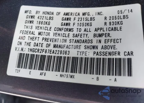 2014 Honda Accord Ex-L from USA, damaged, VIN 1HGCR2F87EA229063